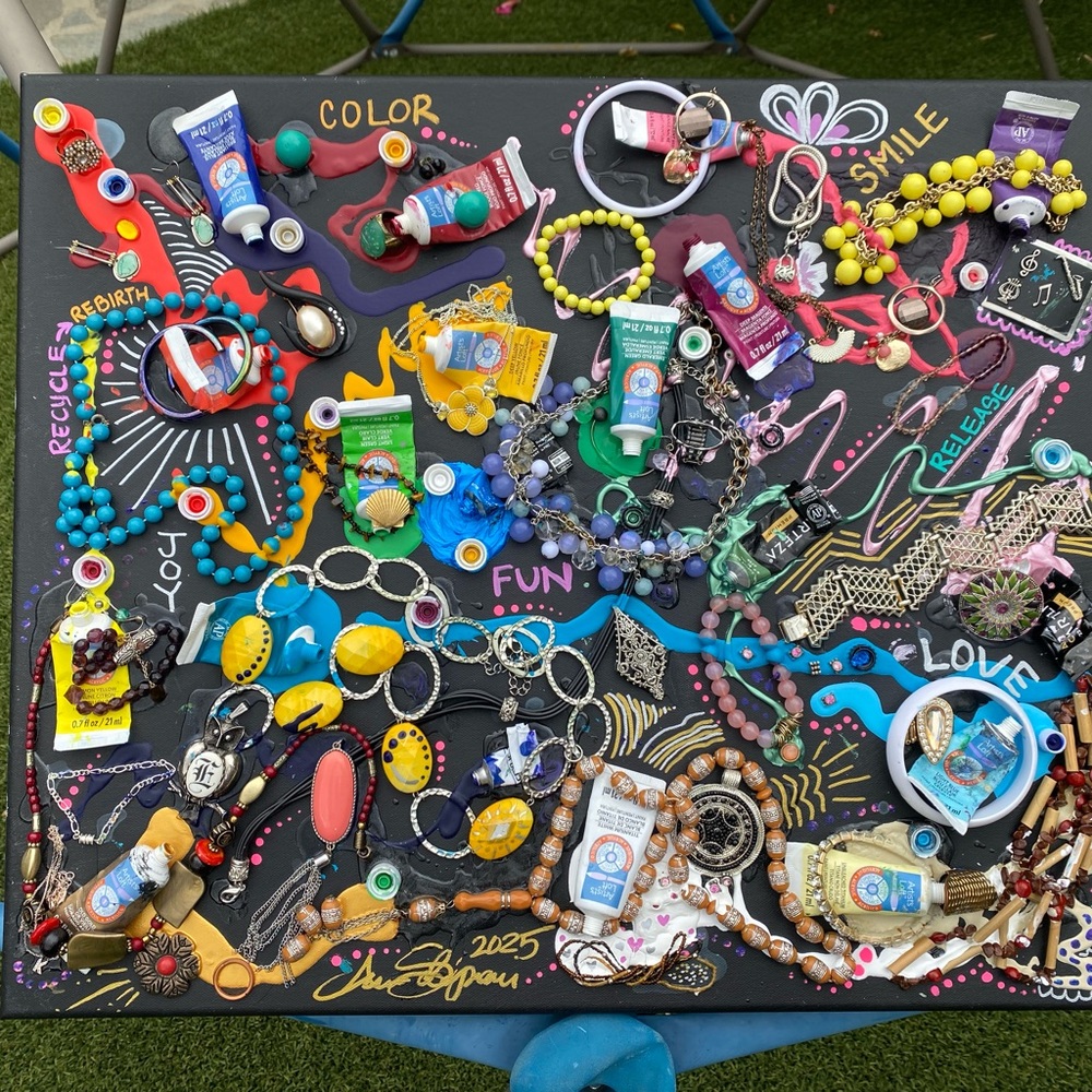 “Release & Rebirth” Colorful Original Artwork - acrylic + jewelry on canvas - Picture 6 of 11